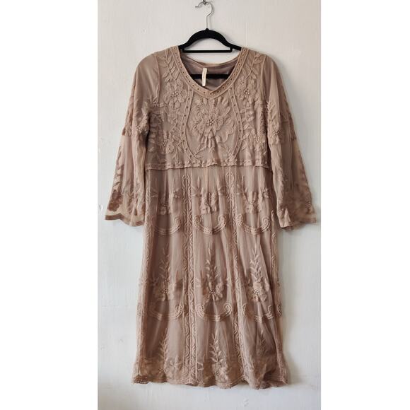 Orange Creek Light Brown Lace Floral Embroidered Midi Dress Size M/L Tan - Picture 1 of 6